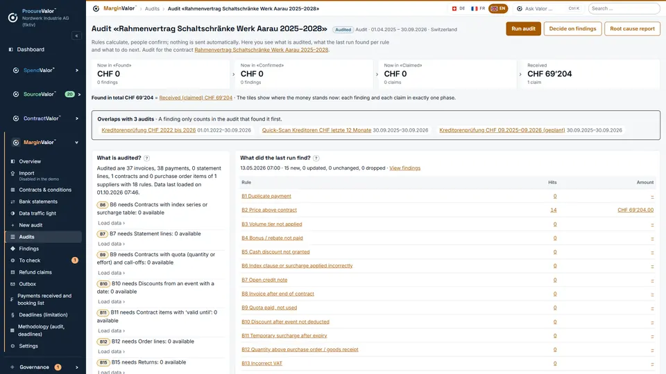 Audit of the contract: invoices checked against the contract terms, findings with amounts.