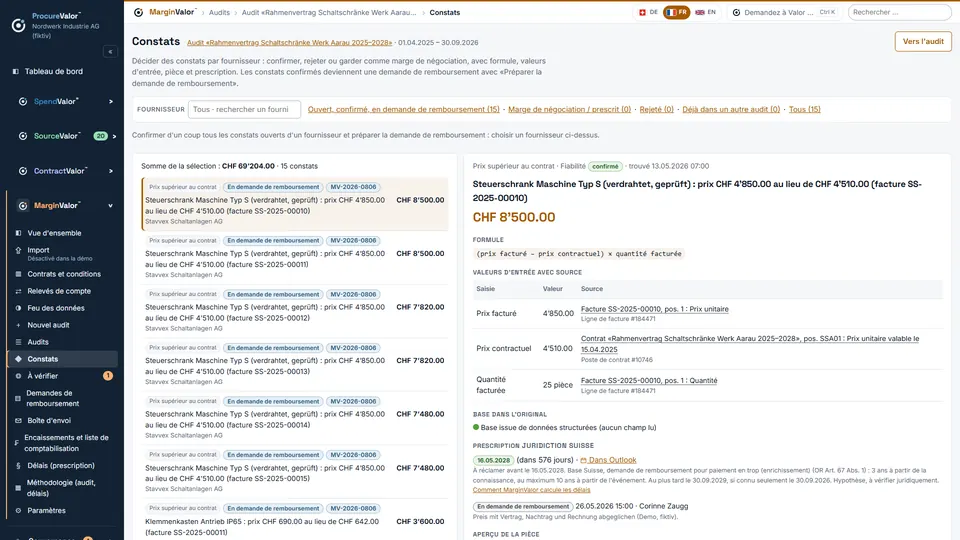 Constat en détail : montant avec formule, chaque valeur avec pièce justificative et source.