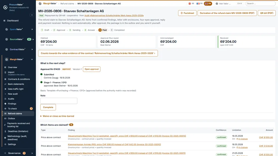 Recovery with QR-bill: letter to the supplier, payment received and booked.